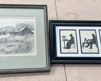 Framed Pencil Drawing And Framed Silhouettes 