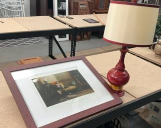 Red Table Lamp With Framed Art Print