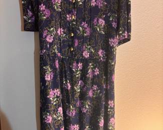 1990s Caroline Wells Collection Navy Blue Midi Dress with Purple Floral Design