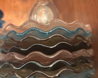 Mid Century Multicolor Glass Ruffled Edge Waffle Pattern Nesting Bowls & Appetizer Plates
