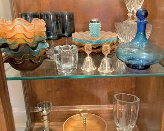 Mid Century Multicolor Glass Ruffled Edge Waffle Pattern Nesting Bowls & Appetizer Plates, MCM Empoli-Style Blue Glass Decanter