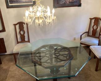 Transitional Octagonal Glass Dining Table with Asian-Inspired Fretwork Base, Chippendale-Style Upholstered Dining Chairs