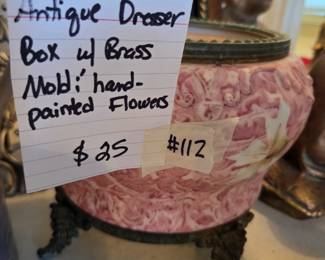 #112	Antique Dresser Box w/brass Mold and hand-painted White Flowers	 $25.00 
