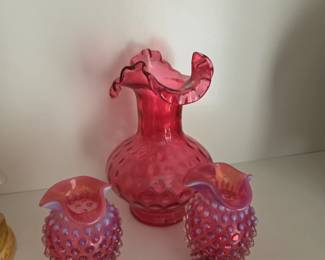 #34	Cranberry Fenton Hobnail Large Vase and 2 smaller Vases - 7.5"	 $30.00 

