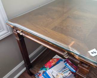 #6	Wood Side Table w/glass protect w/bottom Rattan Shelf & pull-out tray - 22x27.5x23.5	 $60.00            #7	Wood Side Table w/glass protect w/bottom Rattan Shelf & pull-out tray - 22x27.5x23.5	 $60.00 