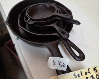 #156	Set of 5 Cast Iron Small Skillets	 $30.00 
