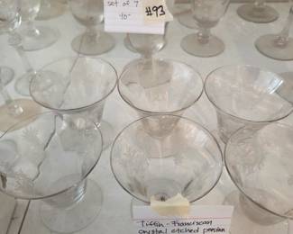 #94	Tiffin Franciscan Crystal Etched Persian Pheasant Glasses - set of 6	 $25.00 

