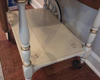 #49	Ethan Allen Tea Cart Cream Painted w/Wood Top W/Decorative Top w/side Drawer on Wheels w/Flip-up Sides - 37x20.5-42x30	 $150.00 
