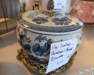 #113	Vtg. Bombay Porcelain & Brass Canister	 $35.00 
