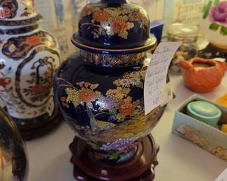 #116	Vtg. Japan Peacock Ginger Black-Gold Gilt Floral Porcelain w/lid - 13" Tall	 $20.00 
