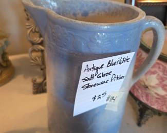 #114	Antique Blue & White Salt Glaze Stinbeware Pitcher	 $25.00 

