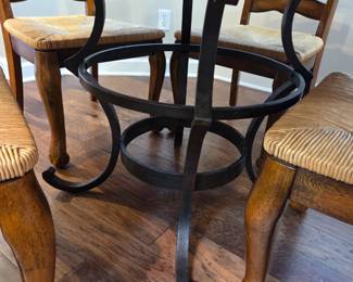 #69	Wood Round Table w/metal Base w/4 Wood Slat Back Chairs w/rushing Seats  - 54x30 Table Measurements	 $125.00 