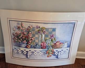 #46	Water Color Artwork by Joy Evans of Wall Shelf w/Florals - Local Recognized Artist - (orig. price $700)  40x30 - Matted - Covered in Plastic	 $125.00 
