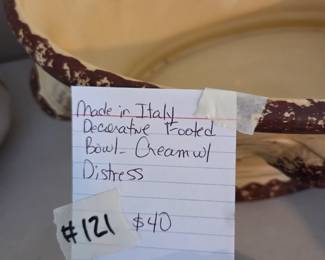 #121	Made in Italy Decorative Footed Bowl - Cream w/distress - 17x12x7	 $40.00 
