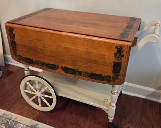 #49	Ethan Allen Tea Cart Cream Painted w/Wood Top W/Decorative Top w/side Drawer on Wheels w/Flip-up Sides - 37x20.5-42x30	 $150.00 
