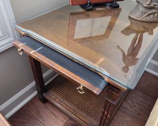 #6	Wood Side Table w/glass protect w/bottom Rattan Shelf & pull-out tray - 22x27.5x23.5	 $60.00            #7	Wood Side Table w/glass protect w/bottom Rattan Shelf & pull-out tray - 22x27.5x23.5	 $60.00 

