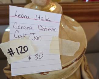 #120	Leona Italia Ceramic Distressed Cookie Jar w/lid	 $30.00 
