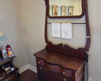 #18	Wood Antique Wash Stand w/2 Drawers (curved front top drawer)  & 1 door w/beveled mirror (2 pieces) - 33x17x76	 $125.00 
