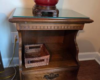 #19	Ethan Allen Bedside Table w/1 drawer & Shelf - (has glass protect top) - 22x17x27	 $60.00 

