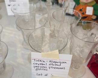 #95	Tiffin Franciscan Crystal Etched Persian Pheasant Glasses - set of 6	 $25.00 
