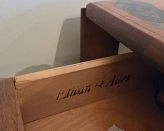 #49	Ethan Allen Tea Cart Cream Painted w/Wood Top W/Decorative Top w/side Drawer on Wheels w/Flip-up Sides - 37x20.5-42x30	 $150.00 
