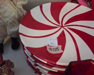 #125	Sleigh Bell Bistro Candy Dishes - set of 9 dinner plates	 $30.00 
