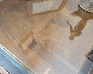 #6	Wood Side Table w/glass protect w/bottom Rattan Shelf & pull-out tray - 22x27.5x23.5	 $60.00            #7	Wood Side Table w/glass protect w/bottom Rattan Shelf & pull-out tray - 22x27.5x23.5	 $60.00 
