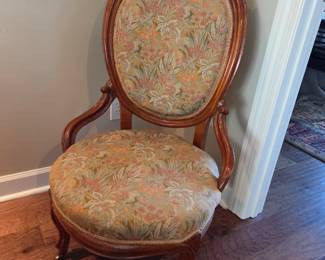 #27	Antique Parlor Chair w/wood carving on Wheels w/tapestry Back & Seat - 17" Tall Seat from Floor	 $65.00 
