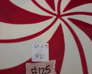 #125	Sleigh Bell Bistro Candy Dishes - set of 9 dinner plates	 $30.00 
