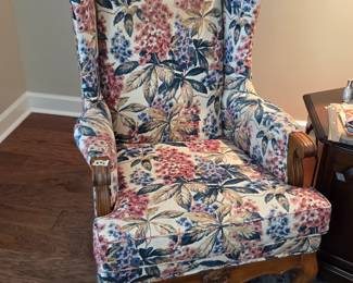 #42	Wood Wingback Chair w/Floral Upholstery - with wood Carving on Front Bottom	 $65.00 
