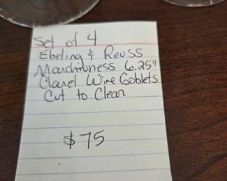 #85	Set of 4 Ebeling & Reuss Marchioness 6.25" Claret Wine Goblets Cut to Clear	 $75.00 
