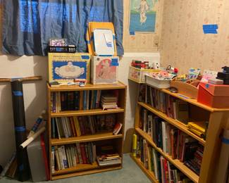 Bookcases, books, ribbon.