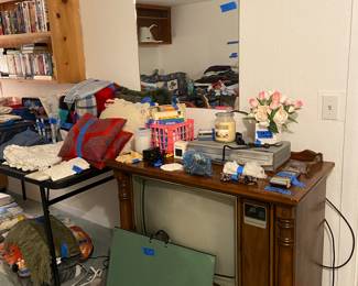 Vintage TV cabinet, Art case, pillows.