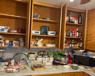 Kitchen serve ware and microwave.