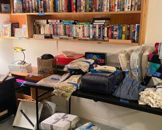 Marita drill, cd’s and dvd’s galore, sheets, bedding, yarn.