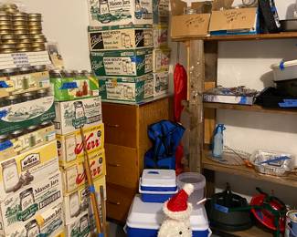 Cooler, canning jars, light-up dog, ice melt, cupboard.