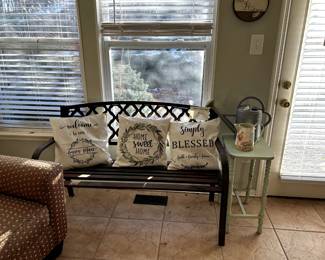 Very cute metal bench, three farm style pillows, watering cans