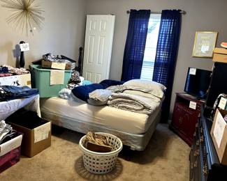 Full size mattress and box. Headboard and footboard, dresser and nightstand. 32" smart TV. Purses, slacks, swim suits, scarves, etc.