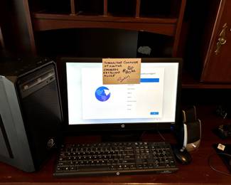 computer, speakers, keyboard and mouse and monitor