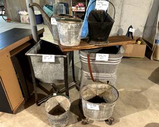 Vintage galvanized wash tubs, buckets and watering can, also old coal bucket