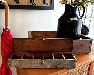vintage Dr Pepper crate, cute wooden box, black Quality Dairy milk can. Six drawer wicker look chest and hat rack