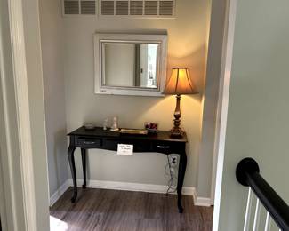 Nice console type table with 3 drawerw, mirror, lamp and misc smalls
