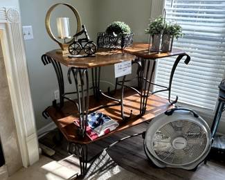 Coffee table with two matching end tables, misc decor and large fan