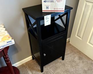 Small black table, box of misc greeting cards