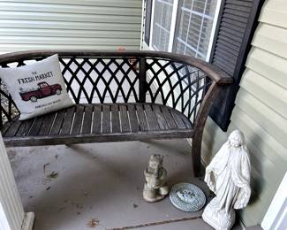 Another cute bench, metal and wood, pillow, concrete frog, blessed mother statue