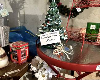 Vintage ceramic Christmas tree with base, cute metal and glass red table and misc