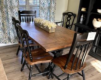 Nice Farm style trestle table and 6 chairs (2 arm chairs), cute matching hutch,