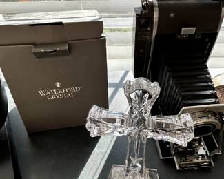 Box of two white wine, and two champagne flutes, Lismore. Waterford Cross, both mint