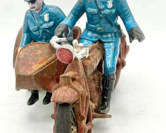vintage Hubley cast iron police motorcycle with a sidecar and two police officer riders