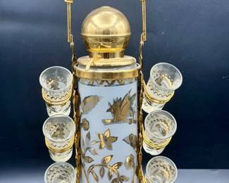 Mid Century Glenshaw Glass Works Gold Pump Decanter & 6 Shot Glasses Bar Set